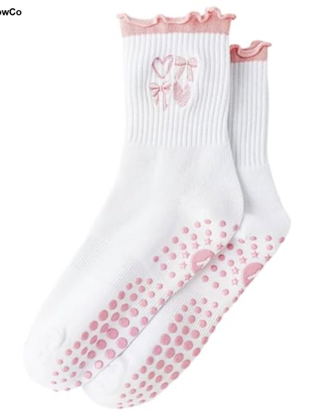 Non Slip Pilates Socks Women Cotton Grippy Crew Socks with Ruffle